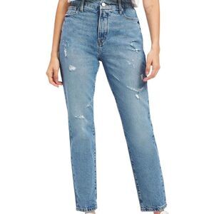 Good American Good Classic Distressed Straight Leg Jeans Indigo Light Wash 8